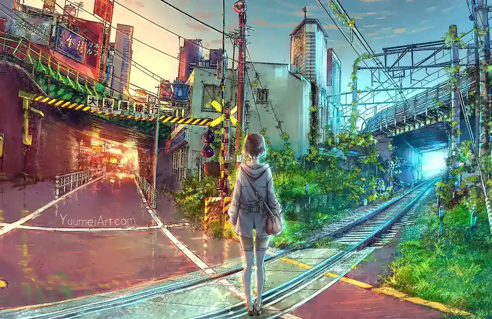 A woman standing at a crossroads