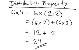 Equations showing the distributive property in action for arithmetic